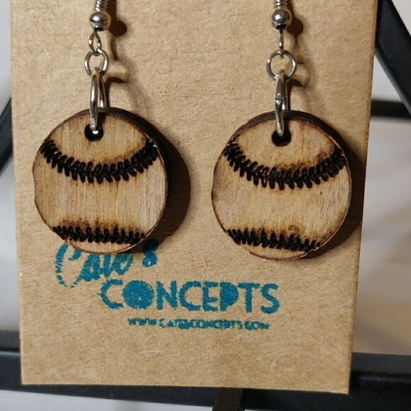 Baseball Laser Cut Wood Earrings‎ - Picture 2 of 4